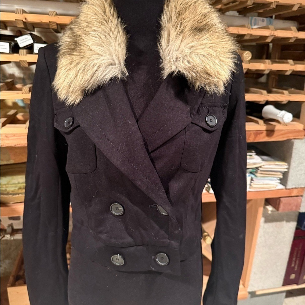Ann Taylor LOFT Black Cropped Military Jacket Faux Fur Collar Double Breasted XS